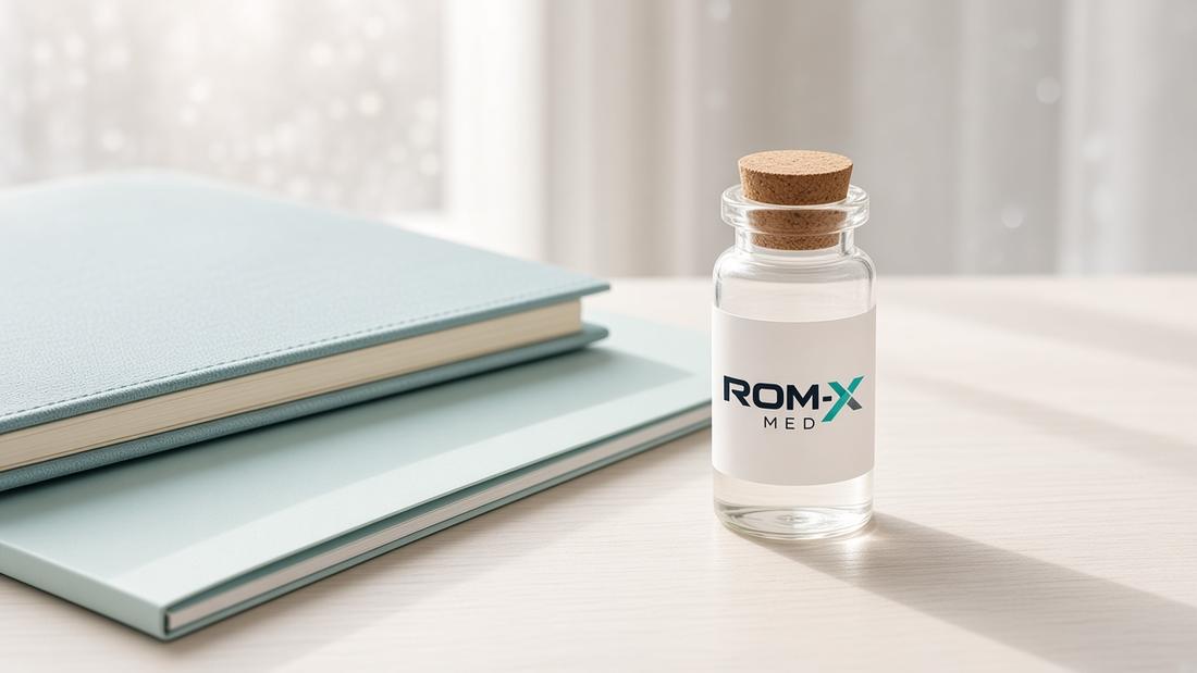 A notebook and a RomX Med vial for a written care plan
